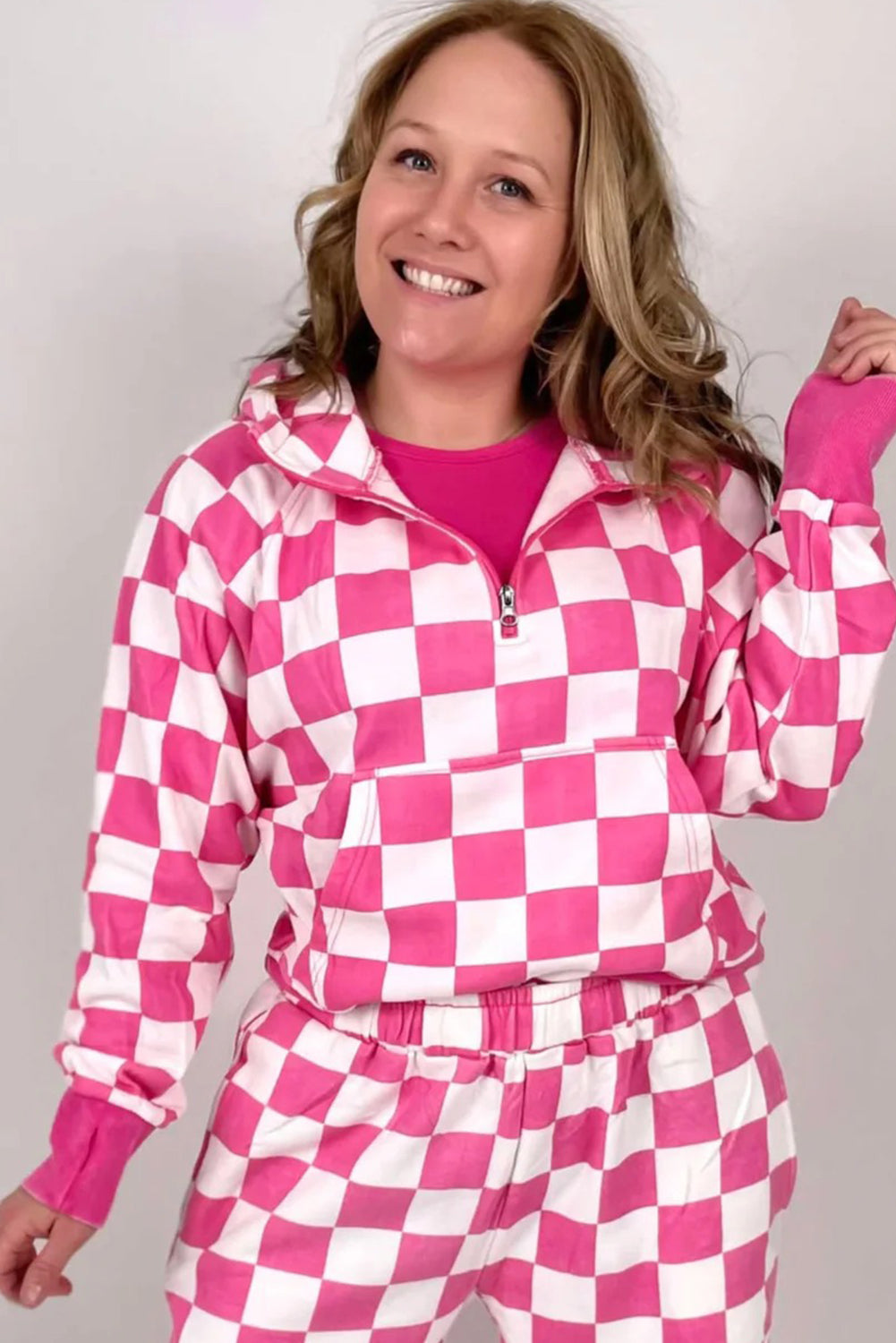 Red Checkered Print Half Zip Hoodie