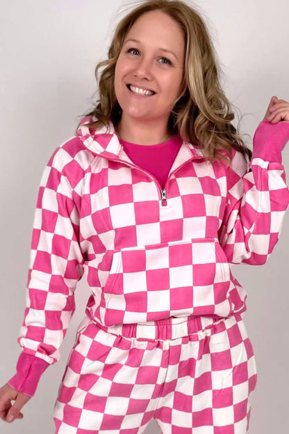Red Checkered Print Half Zip Hoodie