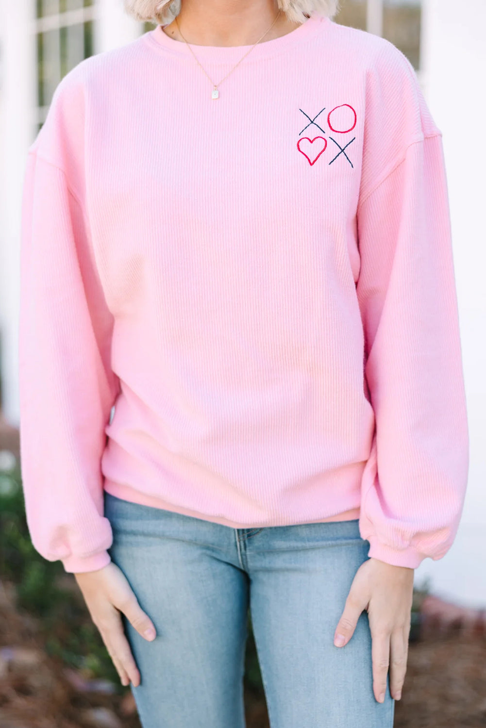 Pink 3d Ribbed XOXO Heart Embroidered Drop Shoulder Sweatshirt
