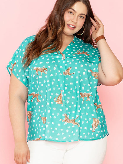 Green Cheetah Print V Neck Short Sleeve Plus Top