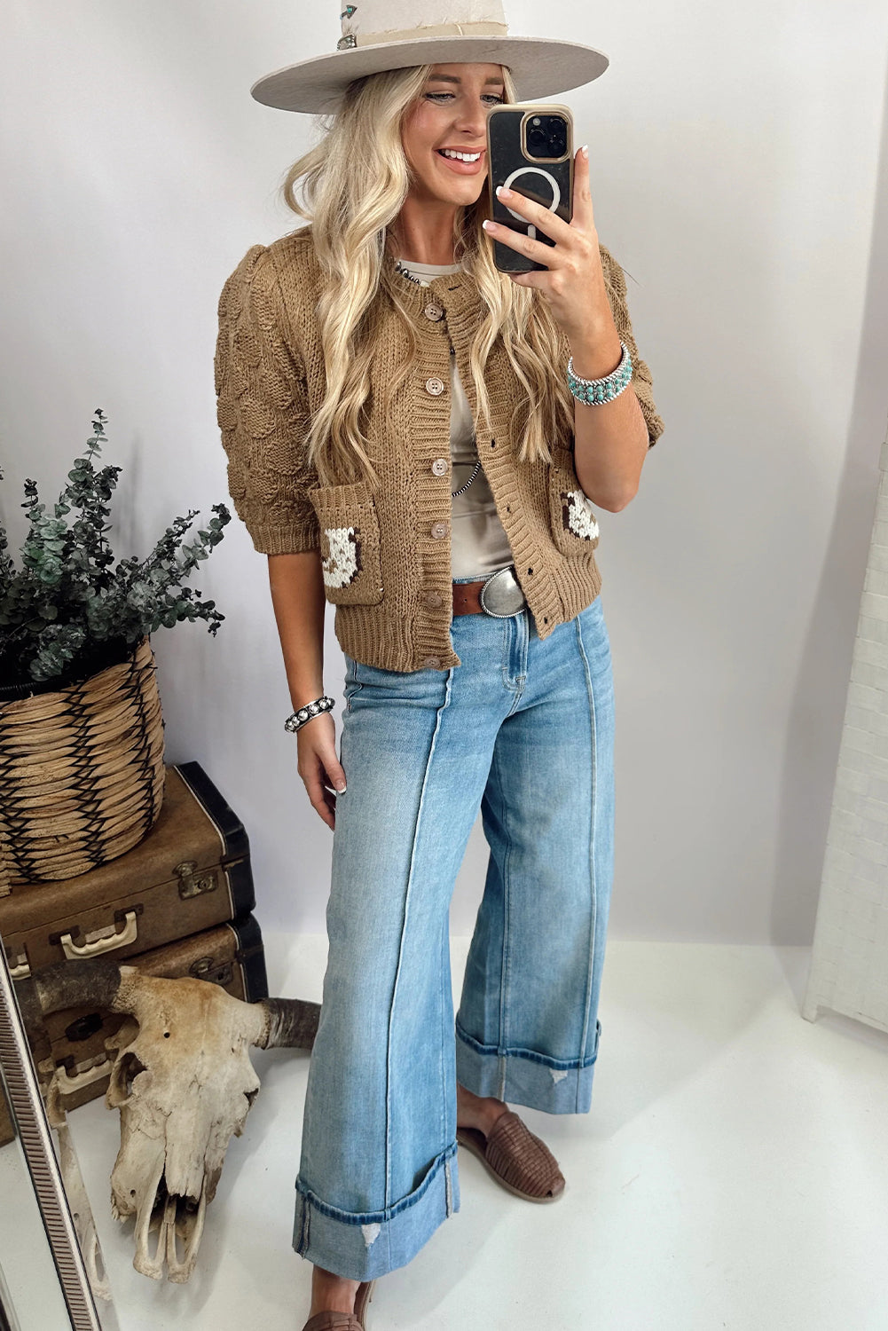 Elmwood Textured Knit Puff Sleeve Western Horse Print Pocketed Sweater Cardigan