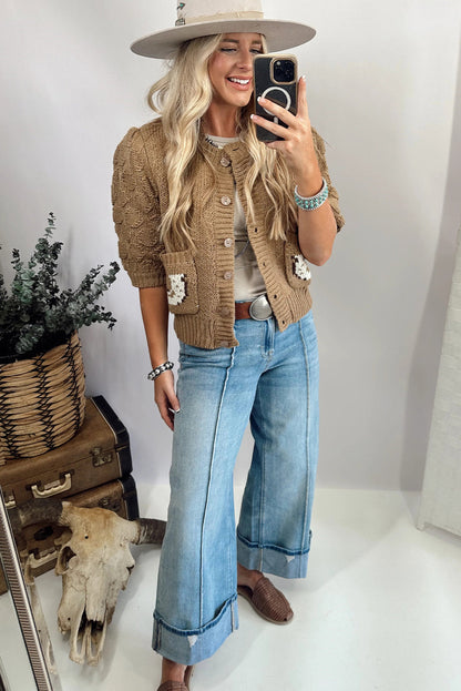 Elmwood Textured Knit Puff Sleeve Western Horse Print Pocketed Sweater Cardigan