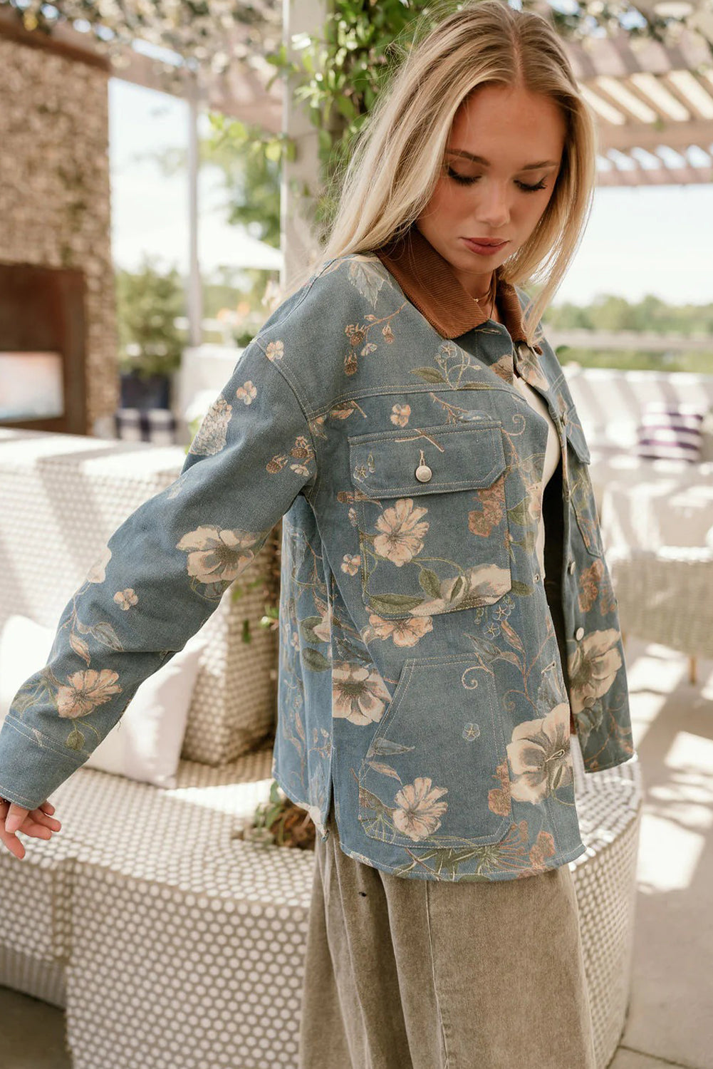 Sky Blue Floral Print Denim Contrasted Corduroy Collar Patchwork Jacket