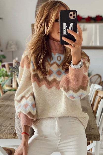 Khaki Ribbed Trim Geometric Pattern High Neck Sweater