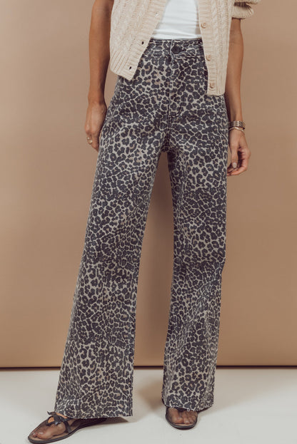 Black Leopard Print Wide Leg High Waist Jeans
