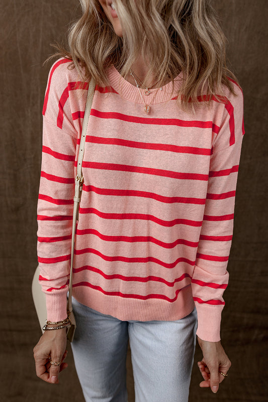 Red Stripe Ribbed Edge Drop Shoulder Sweater