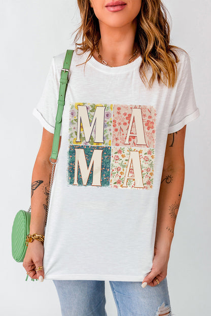 Elegant Floral Mama Print White Casual Tee