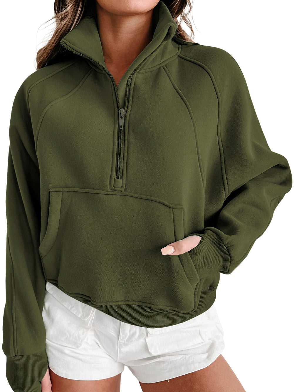 Green Ribbed Stand Collar Thumbhole Sleeve Casual Sweatshirt with Zipper