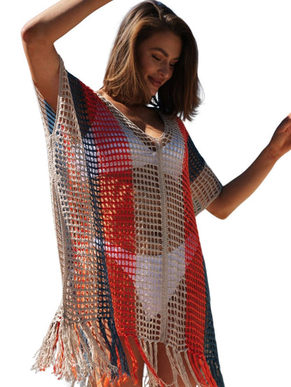 Beach Ready Striped Crochet Tassel Cover Up Dress