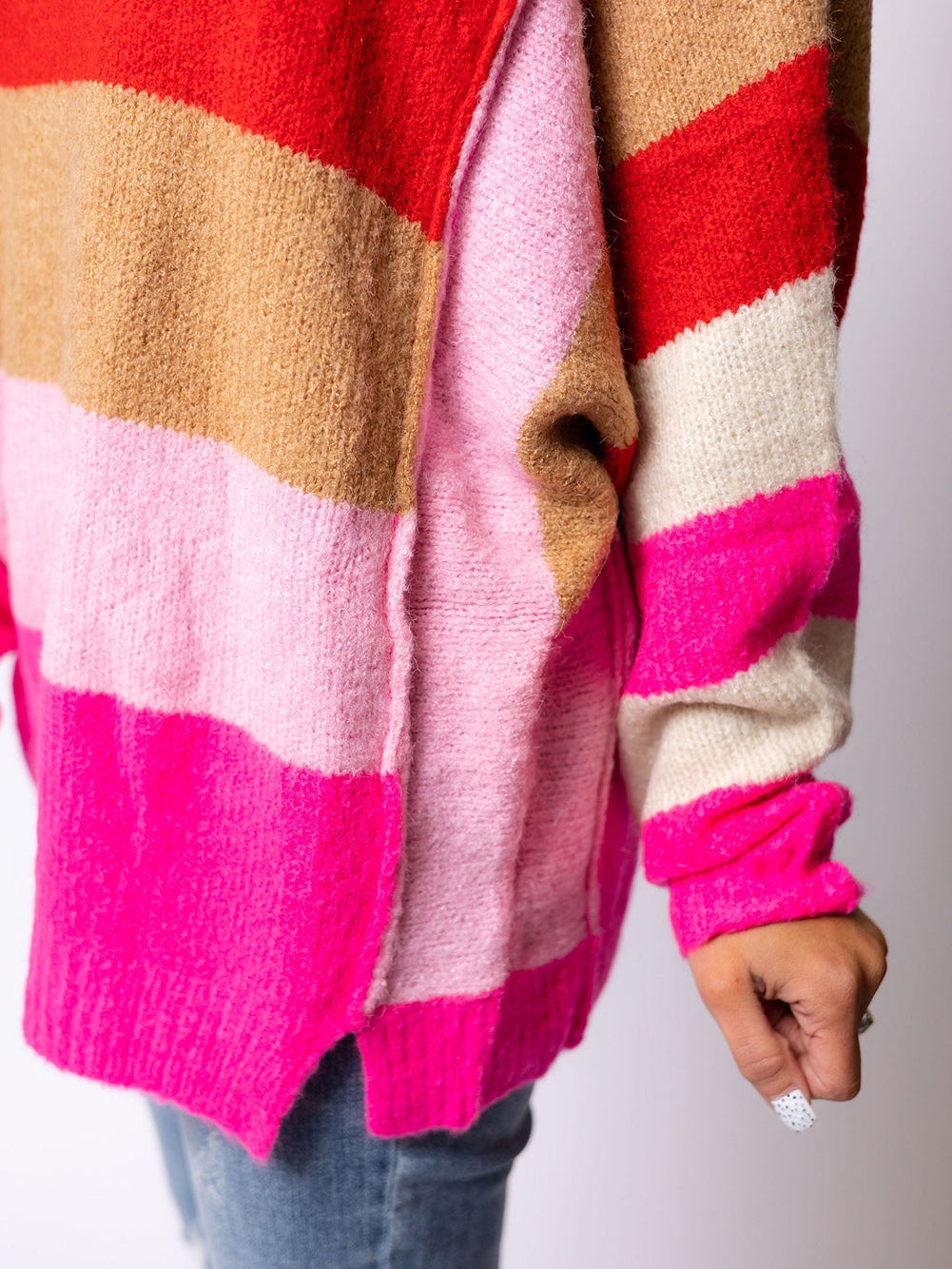 Fiery Red Mix Horizon Stripes Dolman Sleeve Pullover Sweater