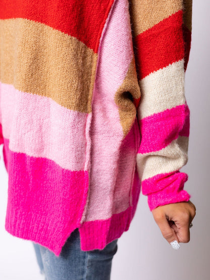 Fiery Red Mix Horizon Stripes Dolman Sleeve Pullover Sweater