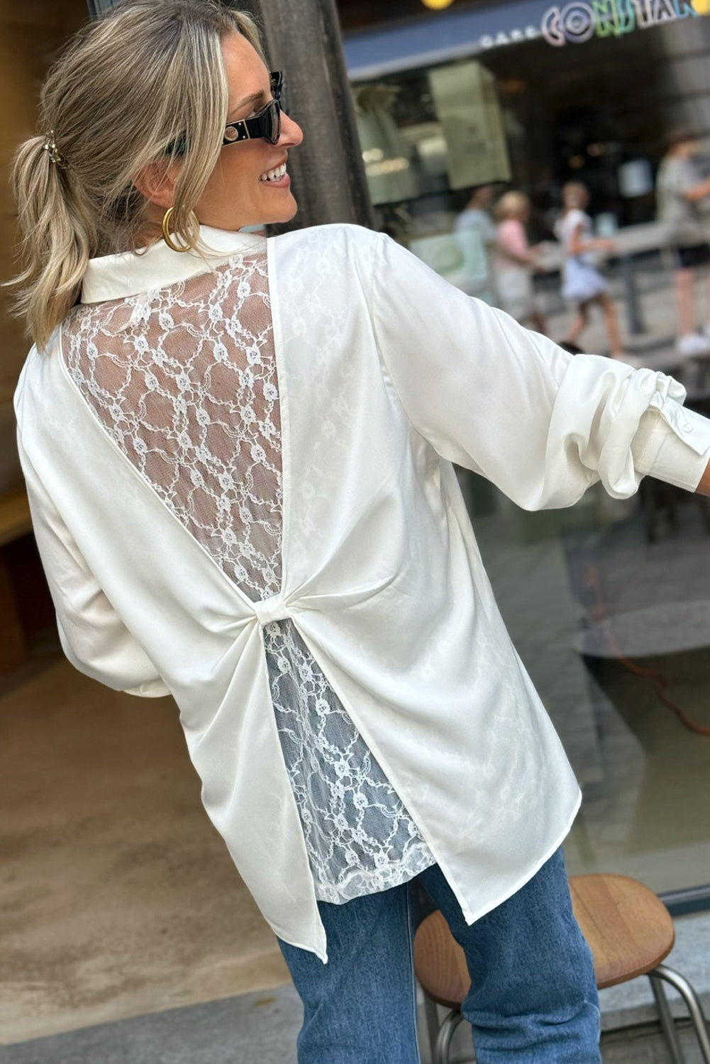 White Single Chest Pocket Lace Splicing Knot Open Back Tunic Shirt