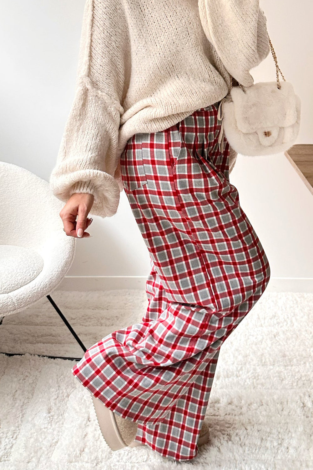 Racing Red Plaid Print Pleated Wide Leg Drawstring Pants