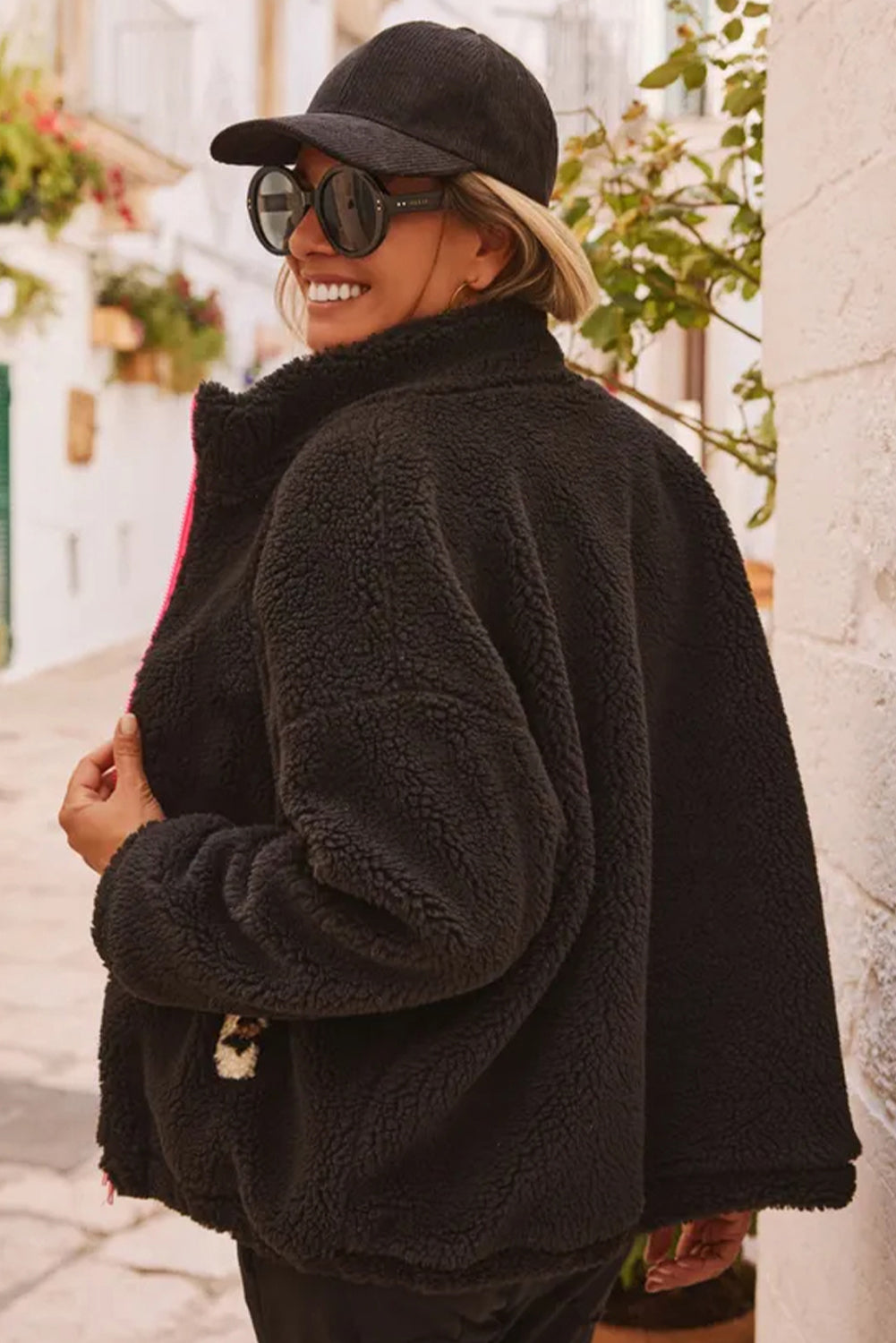 Black Fuzzy Contrast Trim Full Zip Sherpa Jacket with Pockets