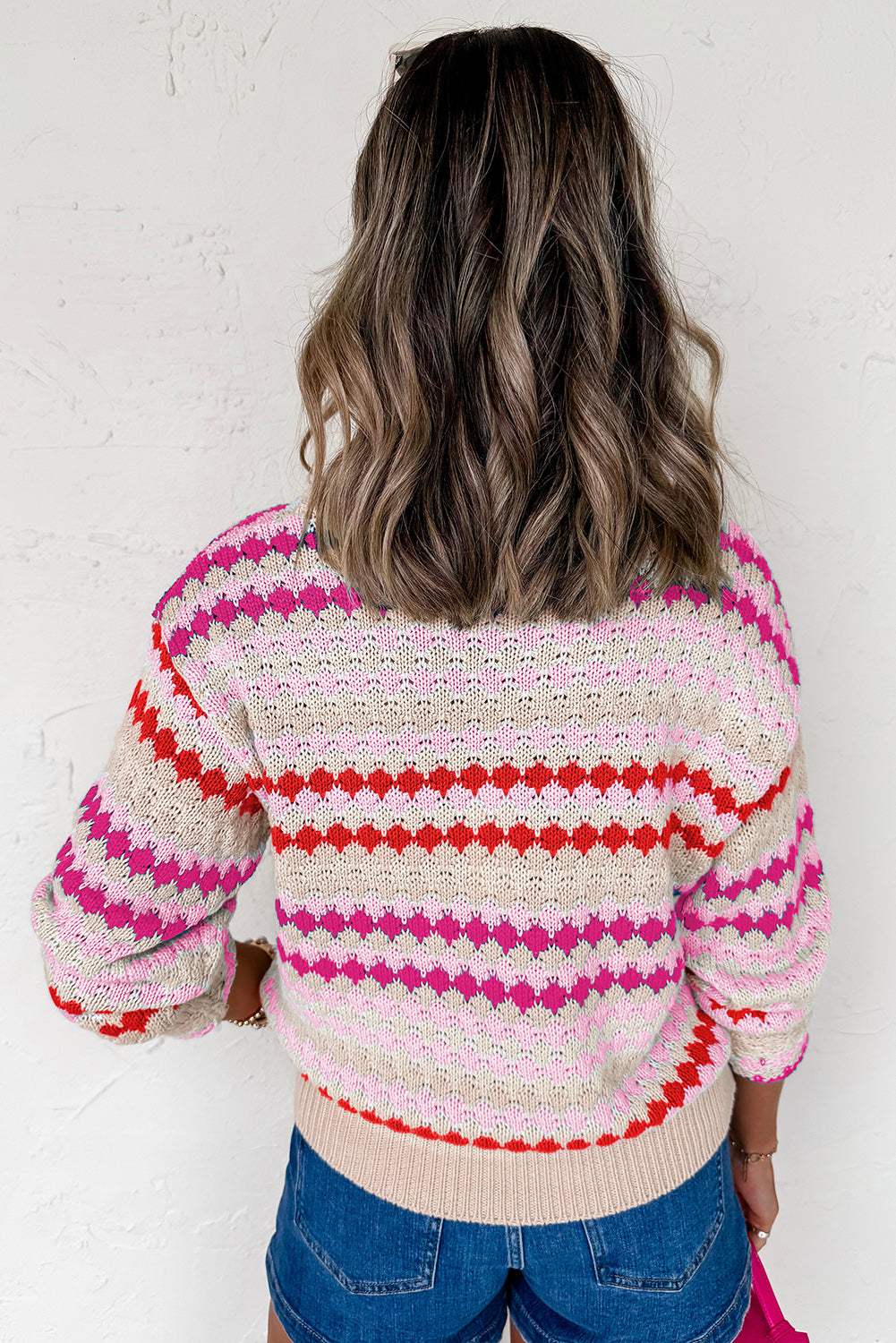 Pink Stripe Eyelet Patterned Drop Shoulder Sweater