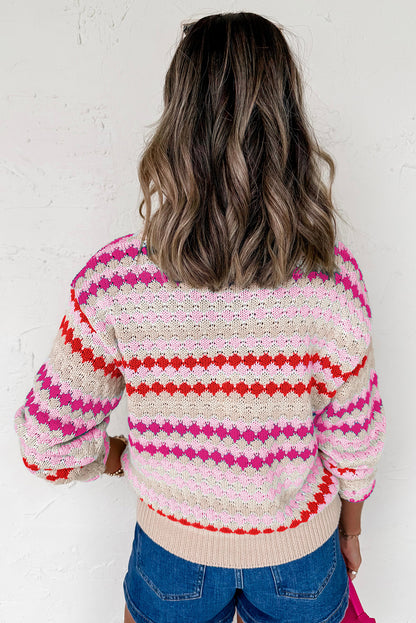 Pink Stripe Eyelet Patterned Drop Shoulder Sweater