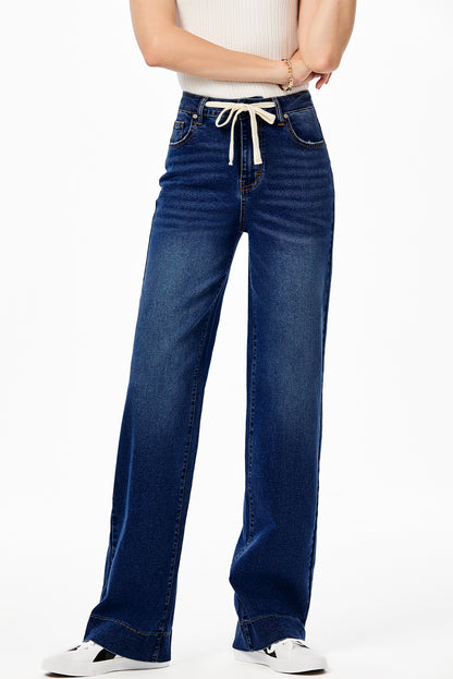 Bluing Lace-up Button Zip Fly Straight Leg Jeans