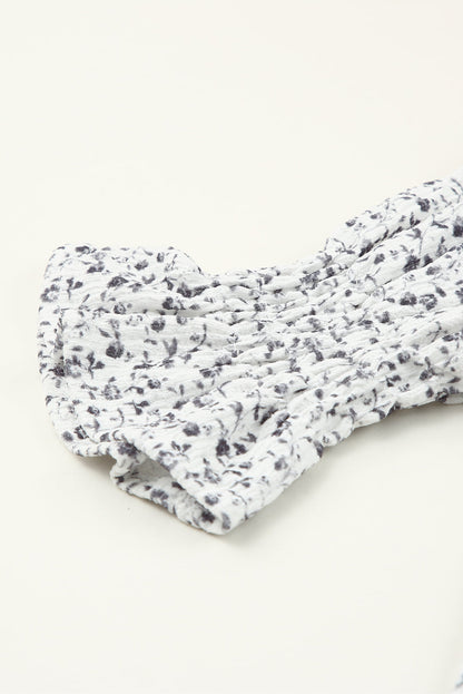 Floral Print Bubble Sleeve Black Blouse with Crinkle Texture