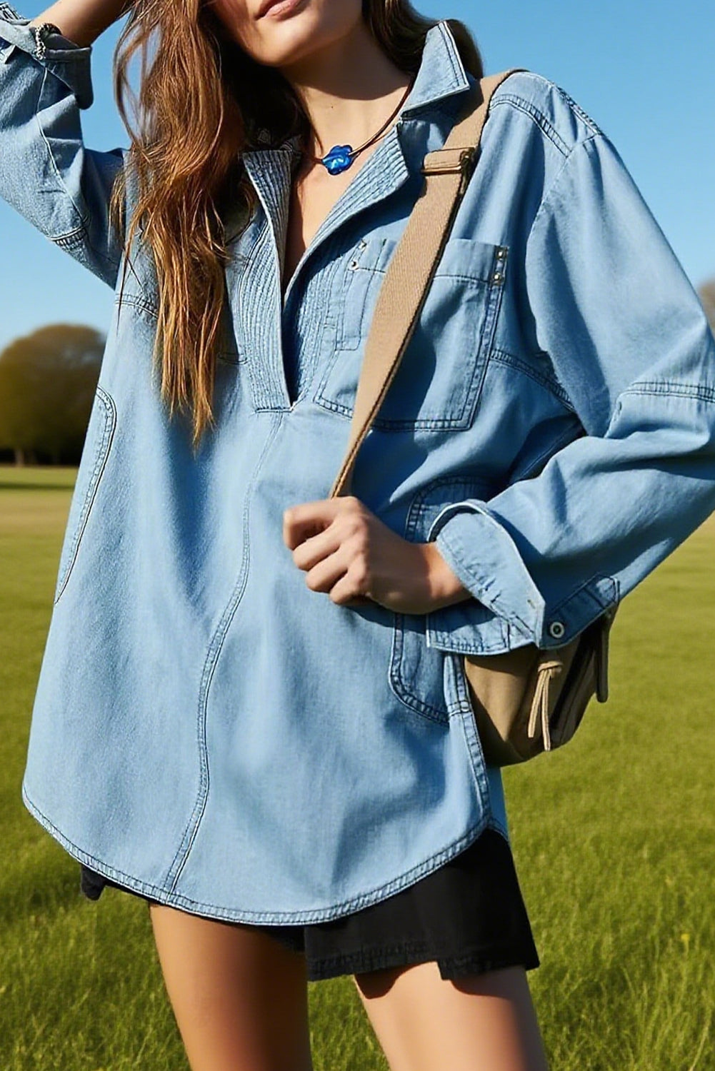 Dusk Blue Oversized Exposed Stitching Patchwork Notched Collared Pullover Denim Pullover Top