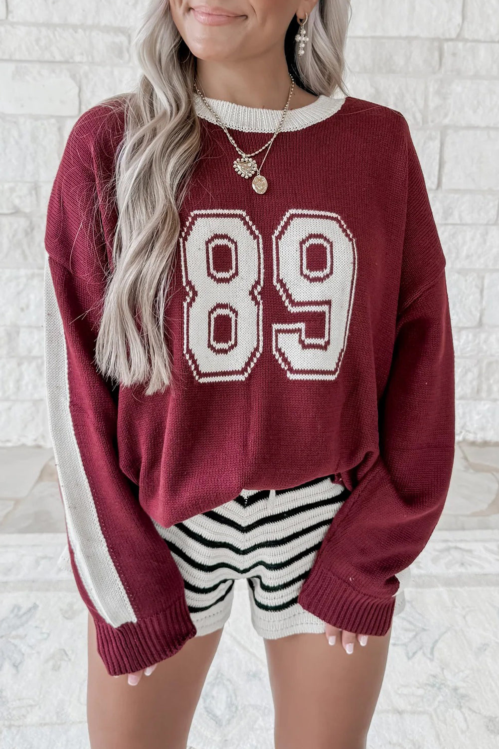 Red Dahlia Number 89 Drop Shoulder Color Block Knit Baggy Sweater