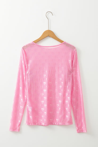 Pink Mesh Bow Pattern Long Sleeve Top