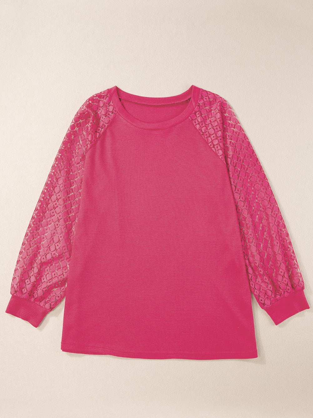 Strawberry Pink Plus Size Contrast Lace Sleeve Waffle Knit Top