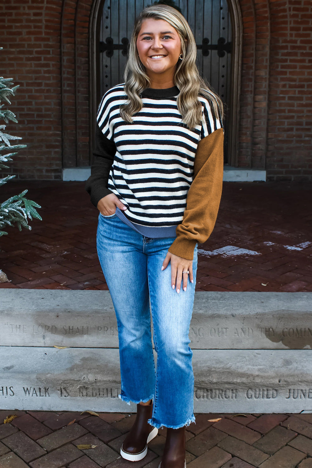 Khaki Striped Panels Colorblock Sleeve Chic Sweater