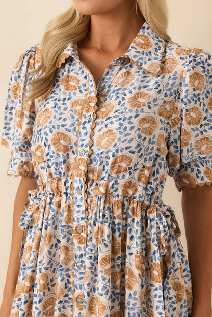 Sky Blue Multi Floral Print Shirt Collar Button Down Short Sleeve Maxi Dress