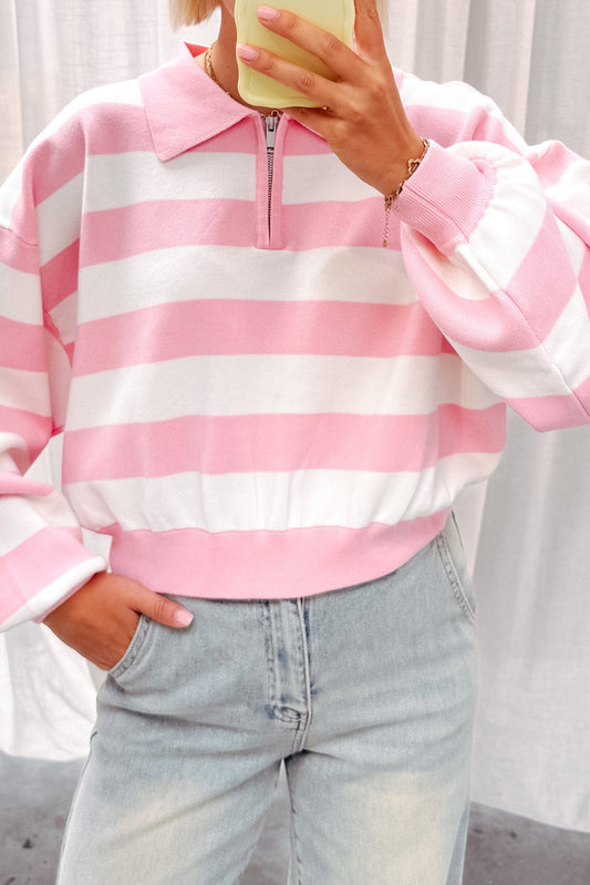 Pink Stripe Collar Zipped Drop Shoulder Casual Sweater