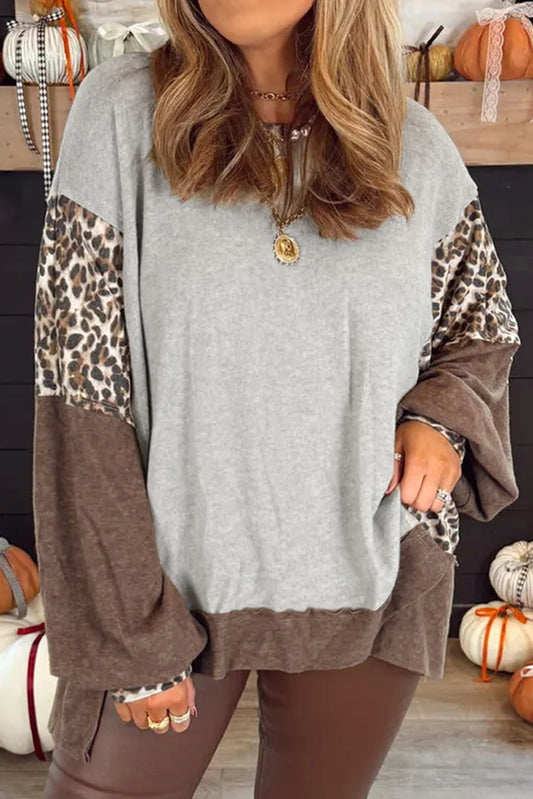 Gray Plus Size Leopard Contrast Color Block Patchwork Baggy Sweatshirt