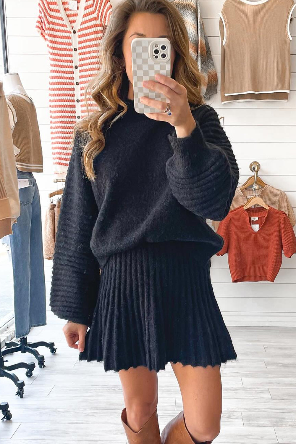 Black High Neck Puff Sleeve Sweater Pleated Mini Skirt 2pcs Knitted Outfit