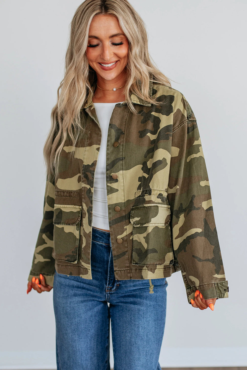 Green Retro Camouflage Print Flap Pocket Button Down Denim Jacket