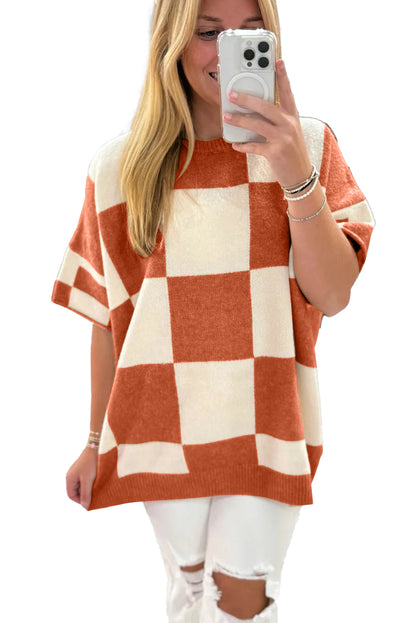 Orange Checkered Pattern Loose Drop Shoulder Half Sleeve Sweater