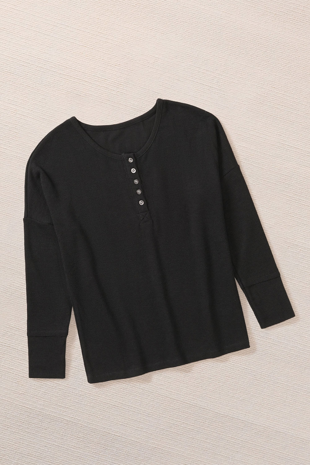 Elegant Black Waffle Knit Henley Top with Button Front