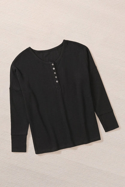 Elegant Black Waffle Knit Henley Top with Button Front