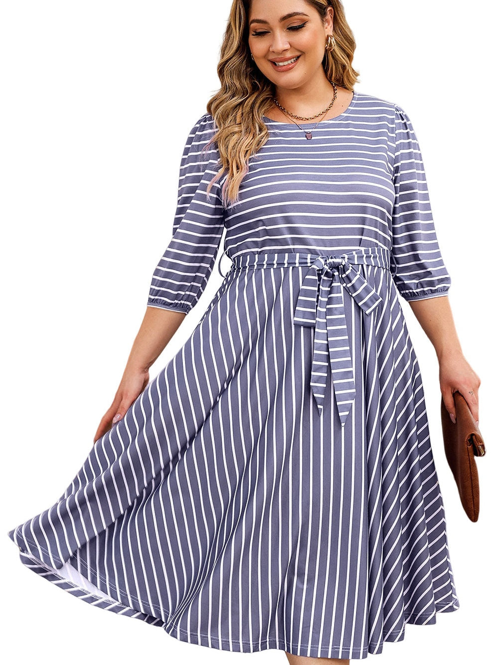 Elegant Gray Striped Tie Waist Midi Dress for Plus Size Women