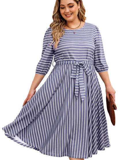 Elegant Gray Striped Tie Waist Midi Dress for Plus Size Women