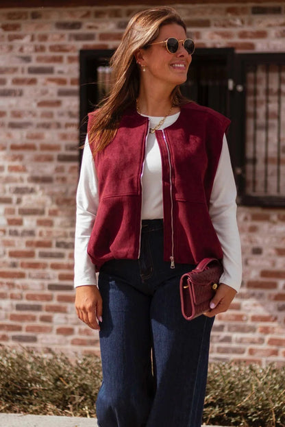 Burgundy Suede Zipped Sleeveless Vest