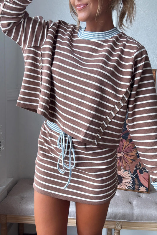 Brown Stripe Contrast Webbing Patchwork Cropped Long Sleeve Top Drawstring Mini Skirt Set