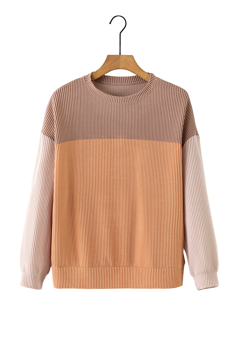 Khaki Color Block Ribbed Top with Long Sleeves
