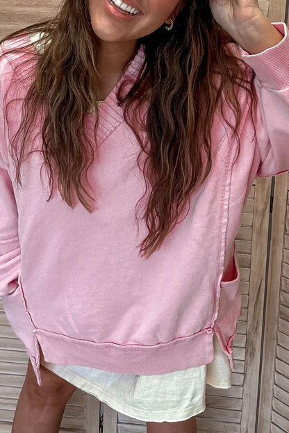 Pink Ribbed V Neck Raw Seam Patchwork Side Pocket Split Hem Loose Pullover