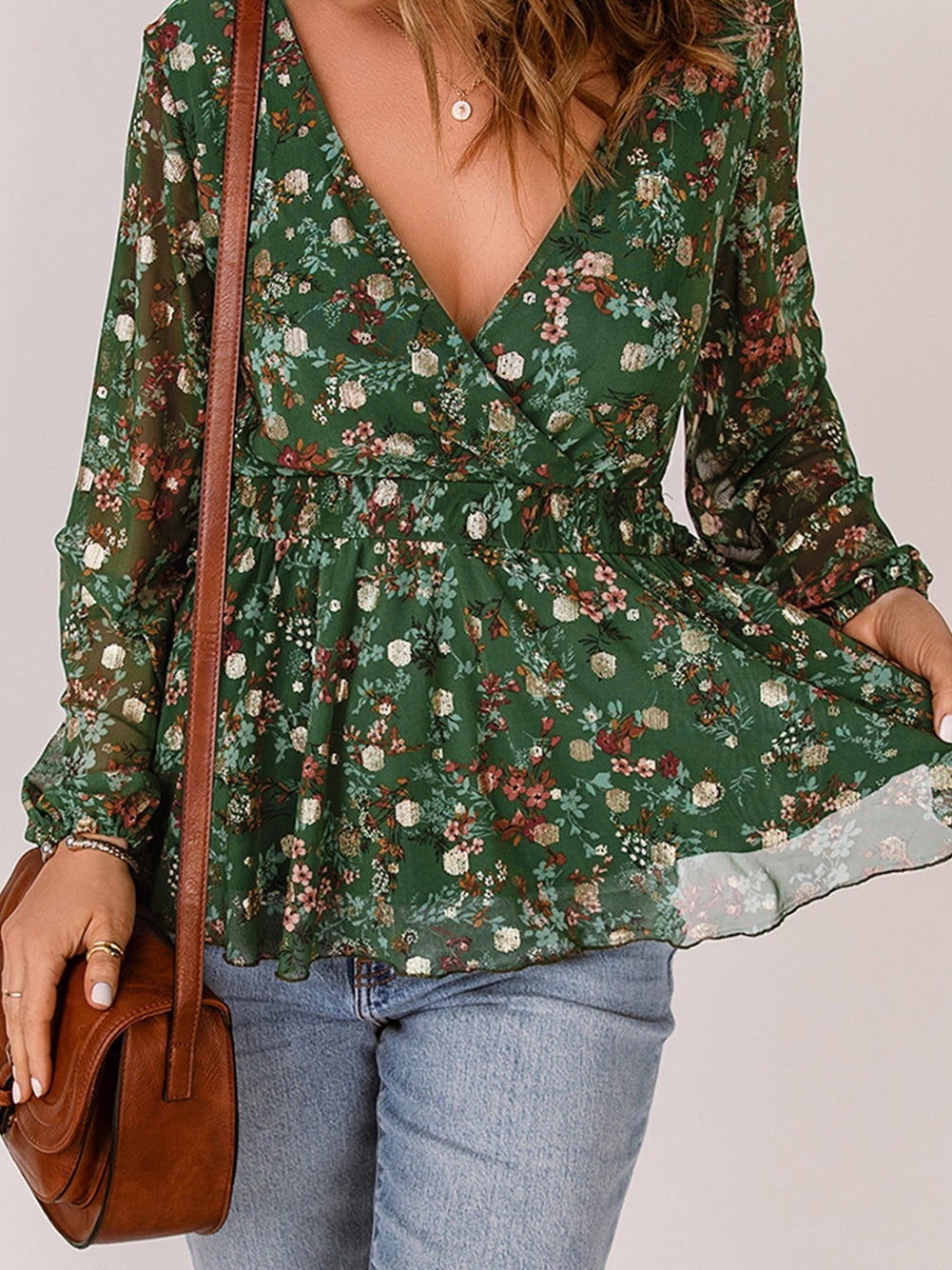 Green Ditsy Floral Peplum Blouse with V-Neck and Long Sleeves