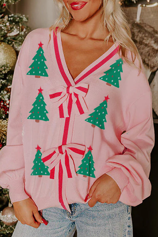 Pink Christmas Tree Print Striped V Neck Bow Decor Baggy Sweater