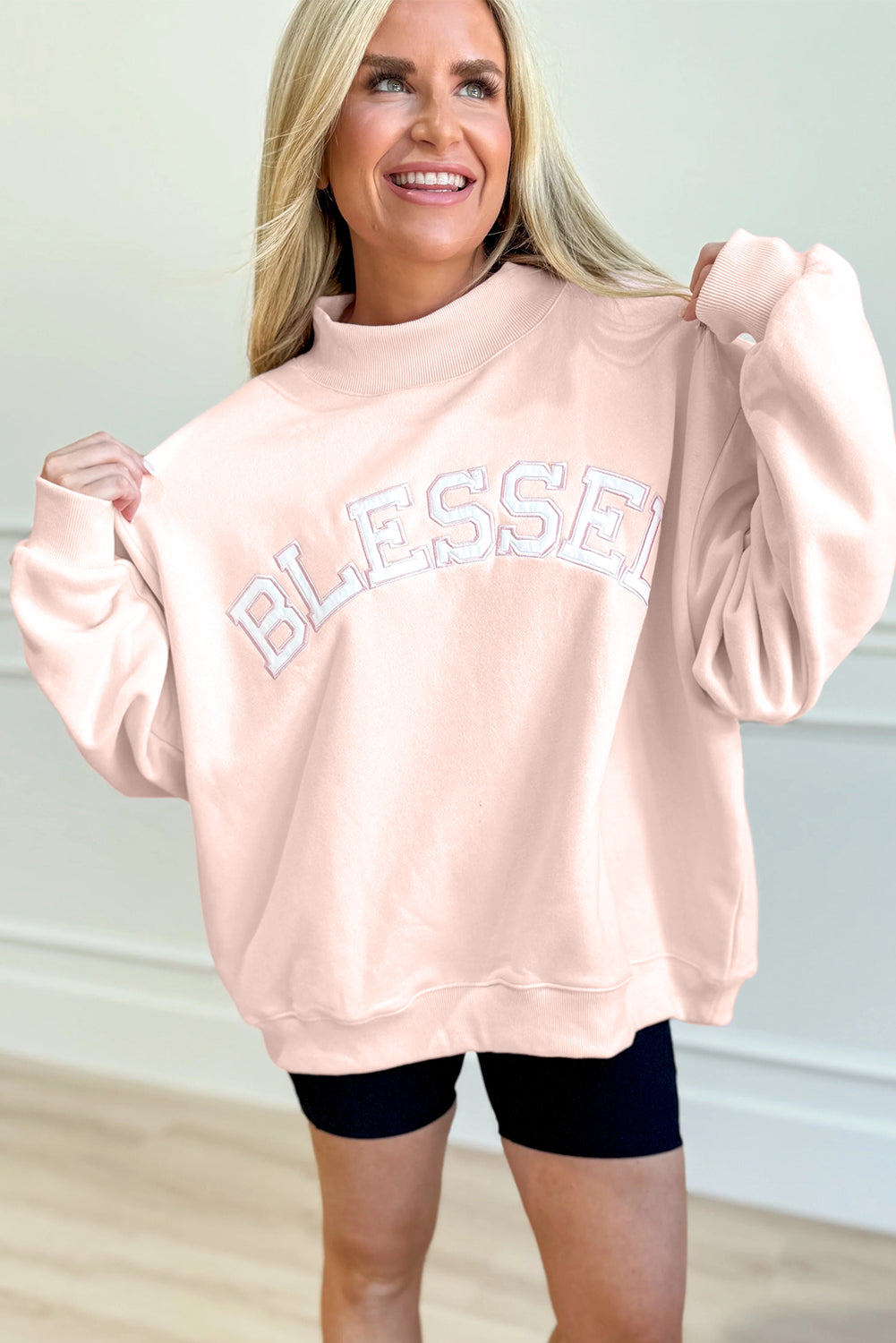 Light Pink Oversize Blessed Embroidered Mock Neck Sweatshirt