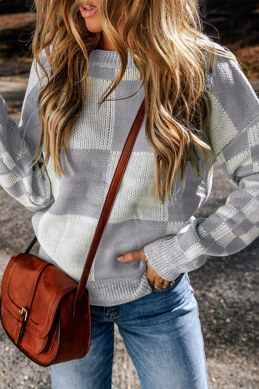 Grey Plaid Drop Shoulder Knit Sweater