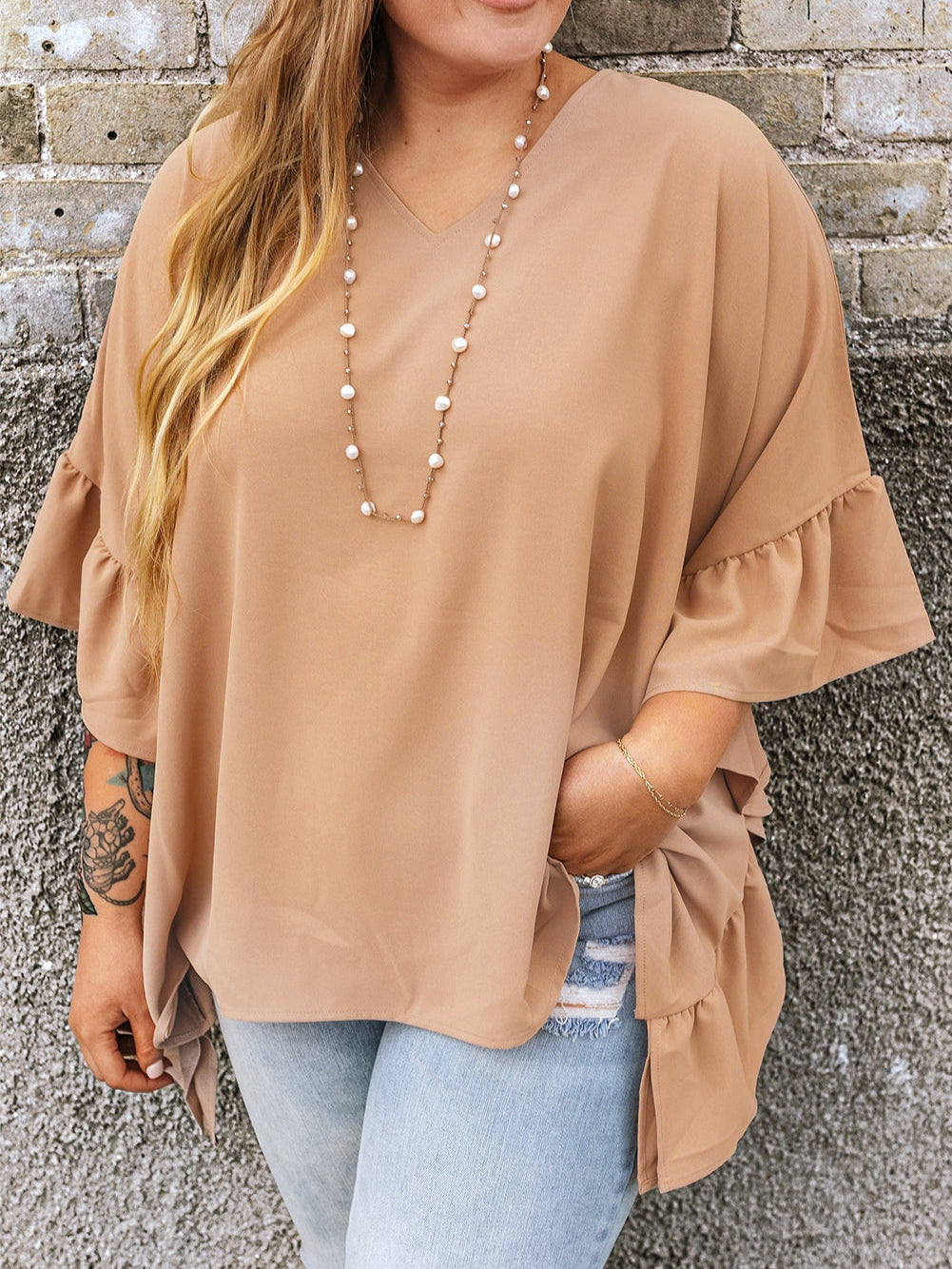 Elegant Smoke Gray Plus Size V Neck Blouse with Ruffled Batwing Sleeves