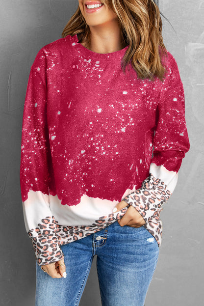 Flaming Red Leopard Print Bleached Pullover Sweater