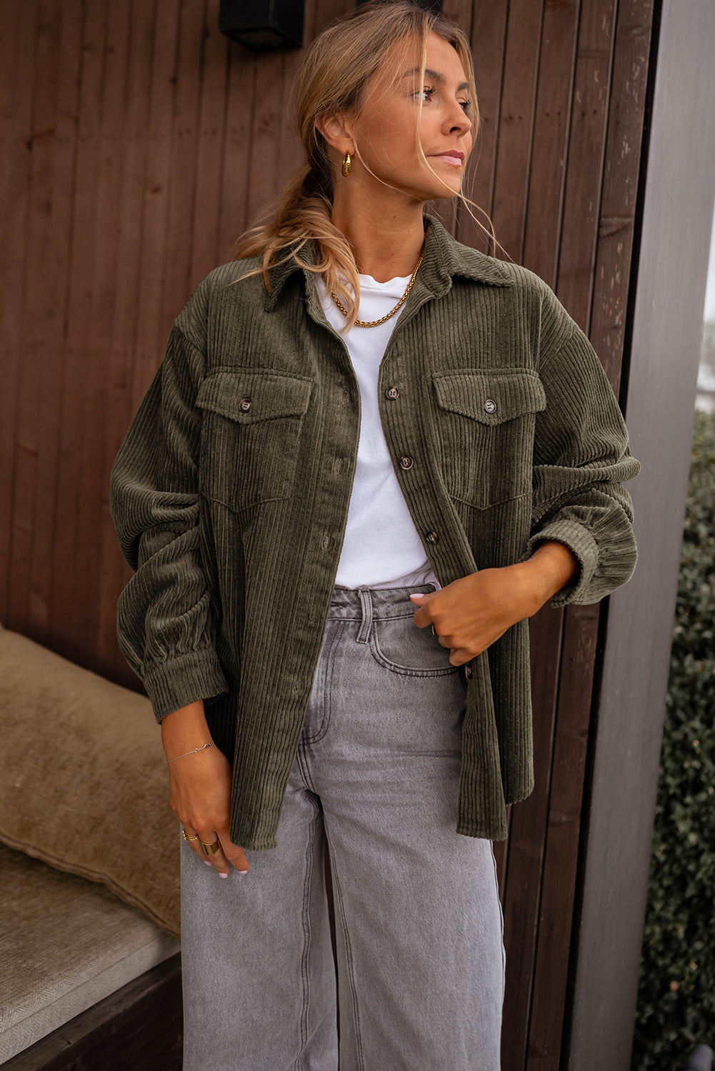 Moss Green Solid Color Button Flap Pocket Corduroy Shacket