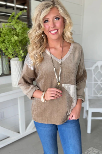 Parchment Sequin & Metallic Rhinestone Star Patches V Neck Long Sleeve Top