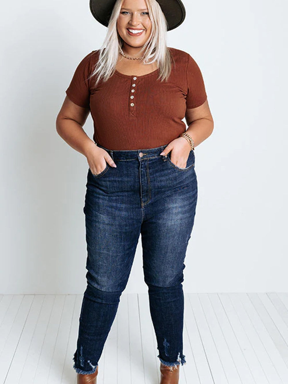 Chestnut Plus Size Ribbed Knit Henley Tee